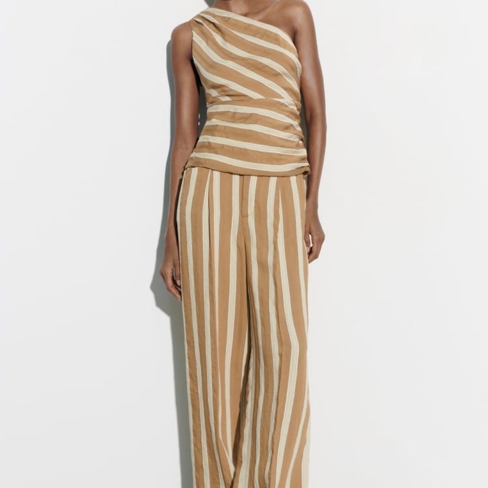 Zara High Waisted Jacquard Striped Pants toffee  PANTS ONLY
